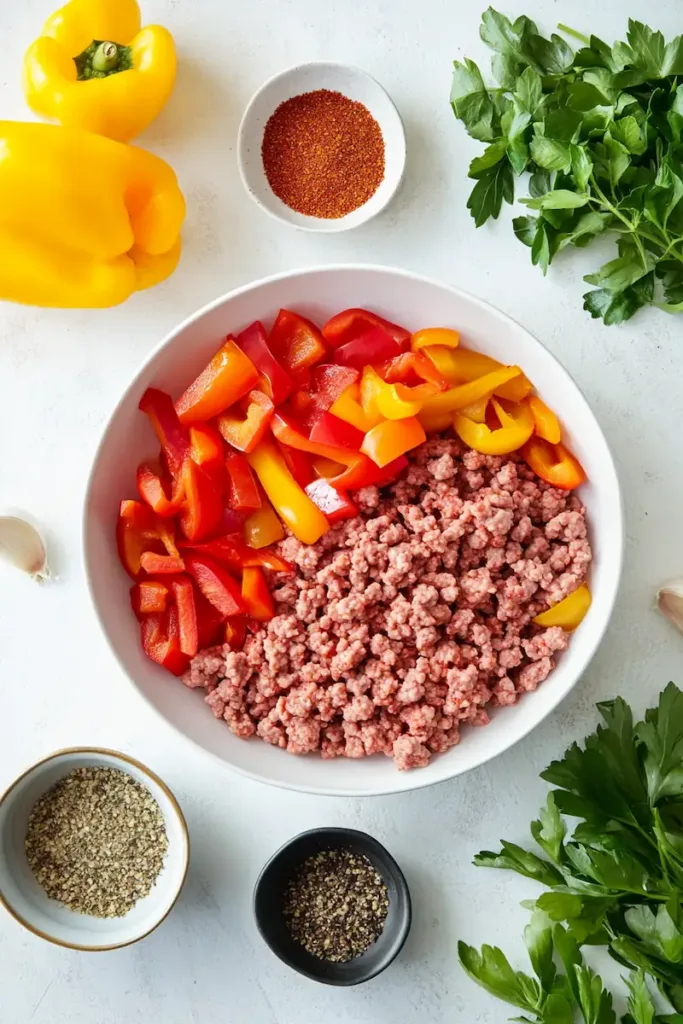 Ingredients for Ground Turkey and Peppers including lean turkey, bell peppers, onion, garlic, and seasonings