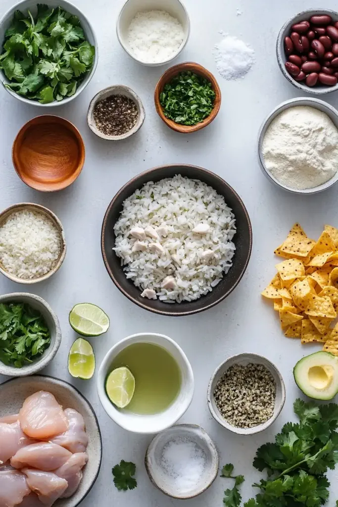 Ingredients for salsa verde chicken and rice skillet including chicken, rice, salsa verde, beans, corn, cheese, and spices.
