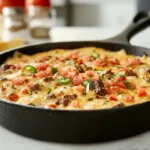 Smoked steak queso dip in a cast iron skillet with melted cheese, diced steak, peppers, and tortilla chips.