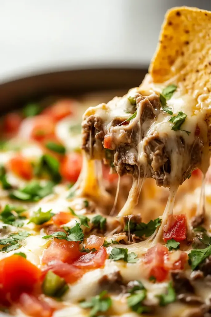 Smoked steak queso dip with creamy melted cheese, diced steak, peppers, jalapeños, and tortilla chips served hot in a skillet.