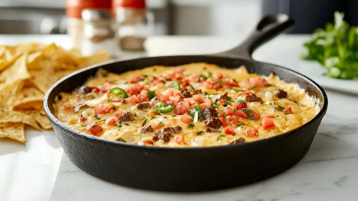 Smoked steak queso dip in a cast iron skillet with melted cheese, diced steak, peppers, and tortilla chips.