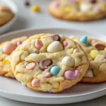 A plate of soft and chewy Easter cookies with pastel candies, white chocolate, and colorful sprinkles