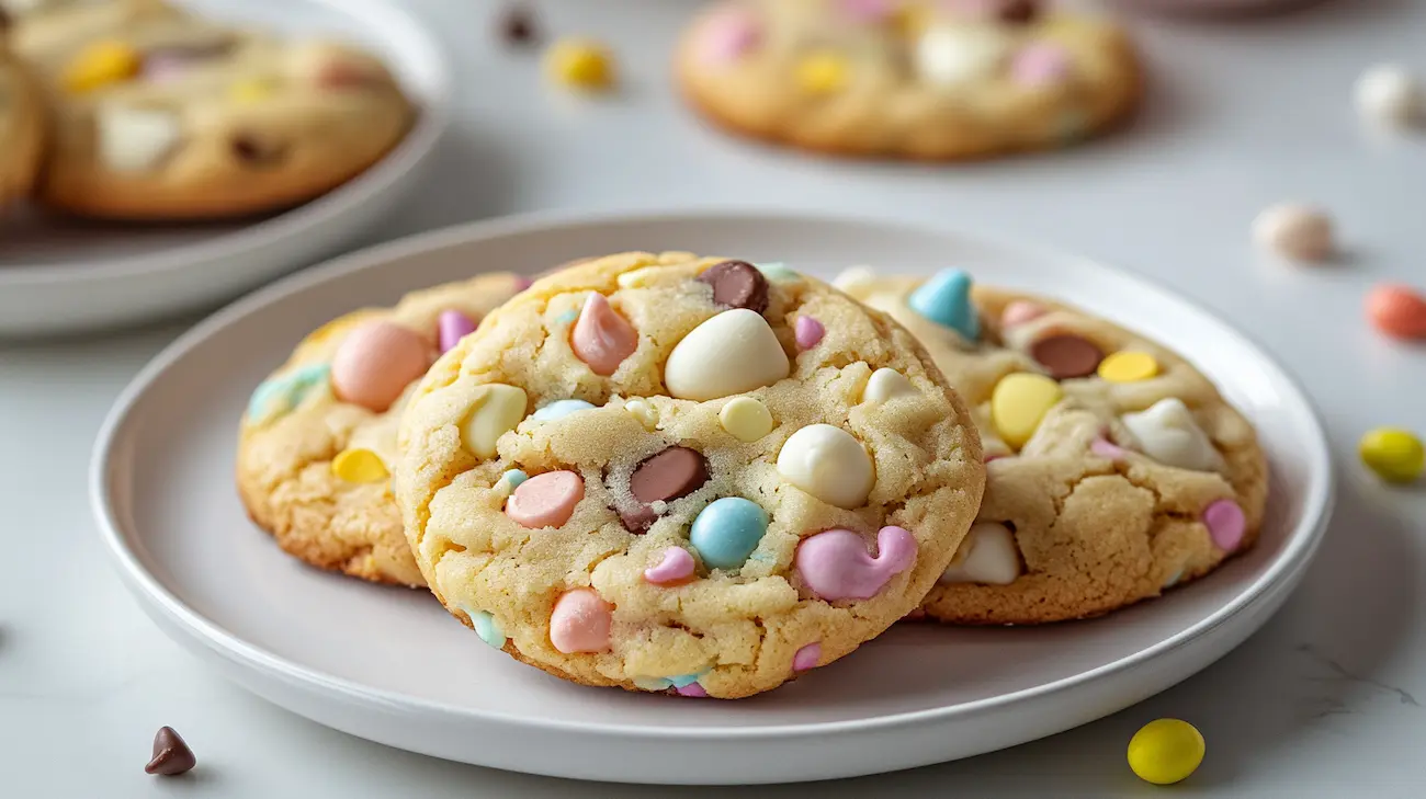 A plate of soft and chewy Easter cookies with pastel candies, white chocolate, and colorful sprinkles