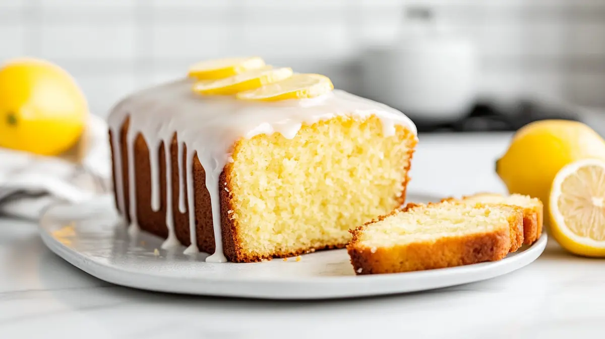 Starbucks Copycat Lemon Loaf with glossy lemon glaze on a serving plate in a bright modern American kitchen.