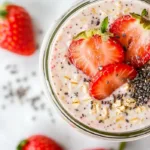 Creamy strawberry overnight oats in a glass jar topped with fresh strawberries and chia seeds.