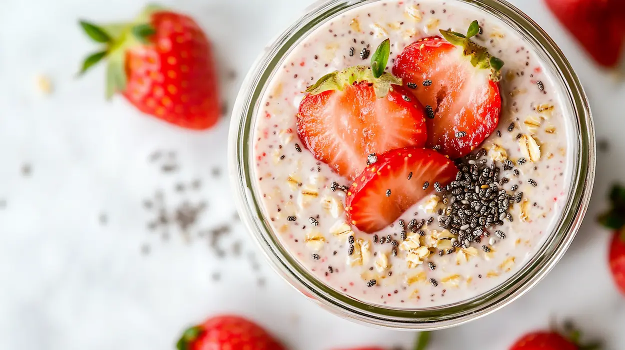 Creamy strawberry overnight oats in a glass jar topped with fresh strawberries and chia seeds.