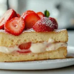 Strawberry yogurt toast with fresh sliced strawberries on golden bread served on a white plate.