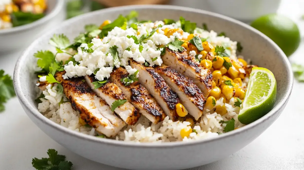 Street corn chicken rice bowl with sliced seasoned chicken, cilantro lime rice, and creamy charred corn topping in a modern American kitchen.