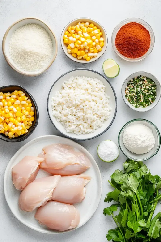 Ingredients for street corn chicken rice bowl including chicken, rice, corn, lime, cilantro, mayonnaise, sour cream, cotija cheese, olive oil, butter, and spices on a bright kitchen counter.