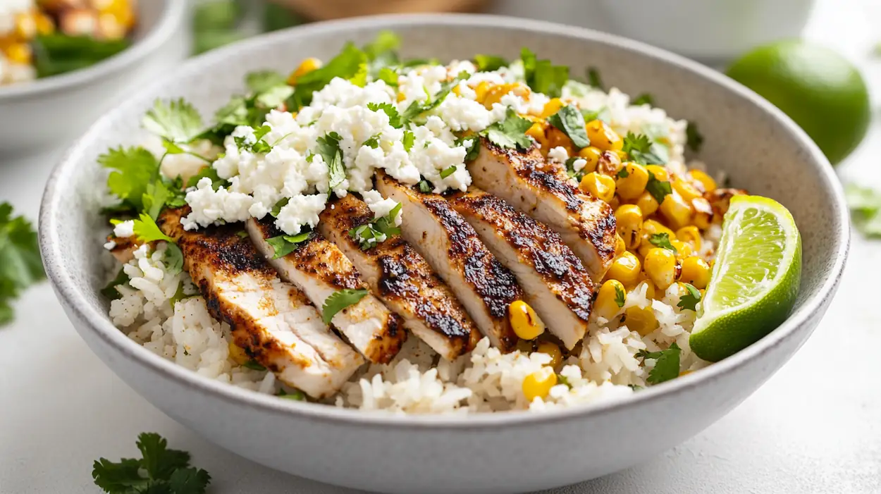 Street corn chicken rice bowl with sliced seasoned chicken, cilantro lime rice, and creamy charred corn topping in a modern American kitchen.