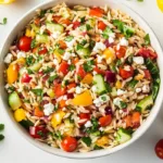 Summer rainbow orzo salad in a white bowl with colorful vegetables, feta, herbs, and lemon dressing.