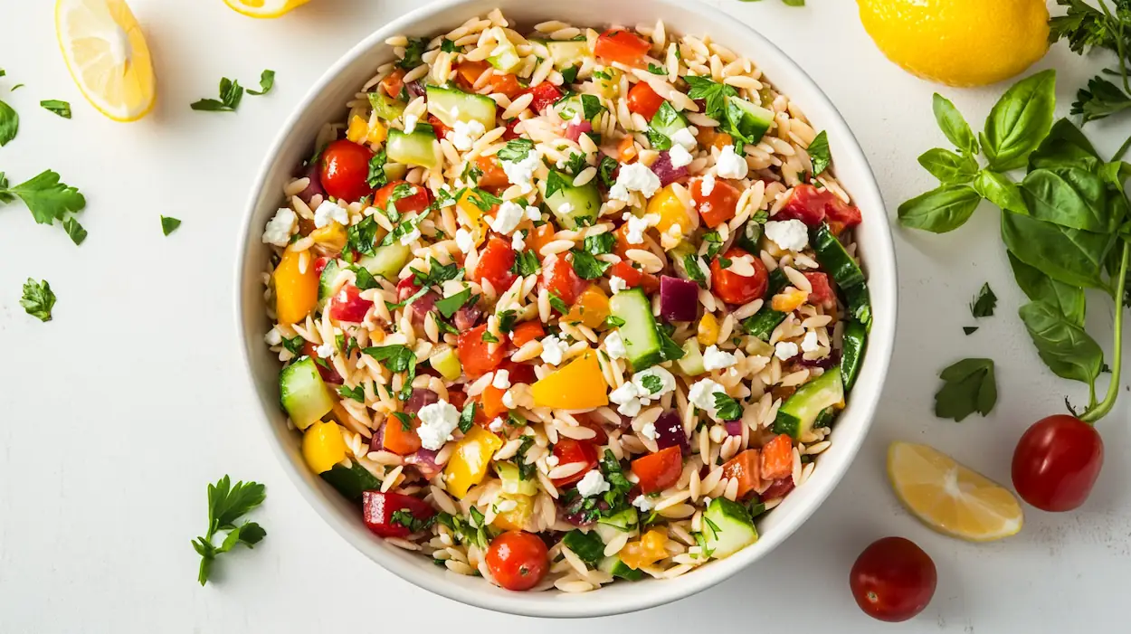 Summer rainbow orzo salad in a white bowl with colorful vegetables, feta, herbs, and lemon dressing.