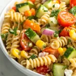 Summer Vegetable Pasta Salad in a large white bowl with colorful vegetables, herbs, and vinaigrette.