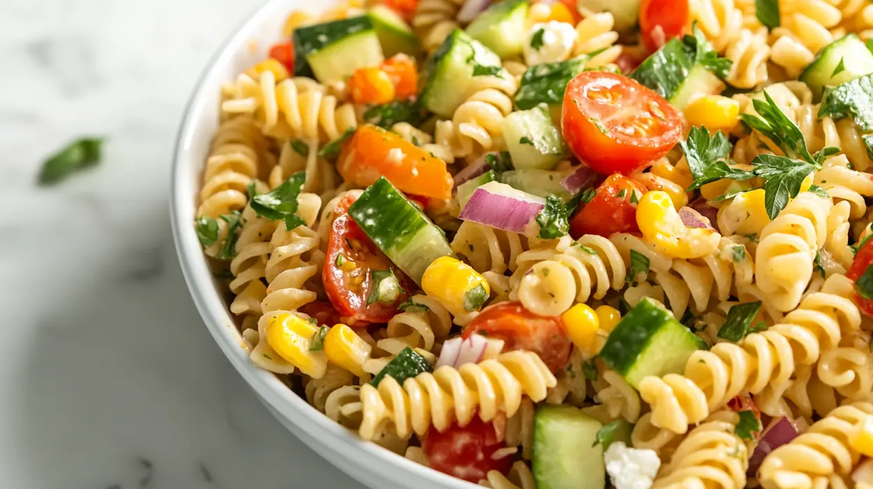 Summer Vegetable Pasta Salad in a large white bowl with colorful vegetables, herbs, and vinaigrette.