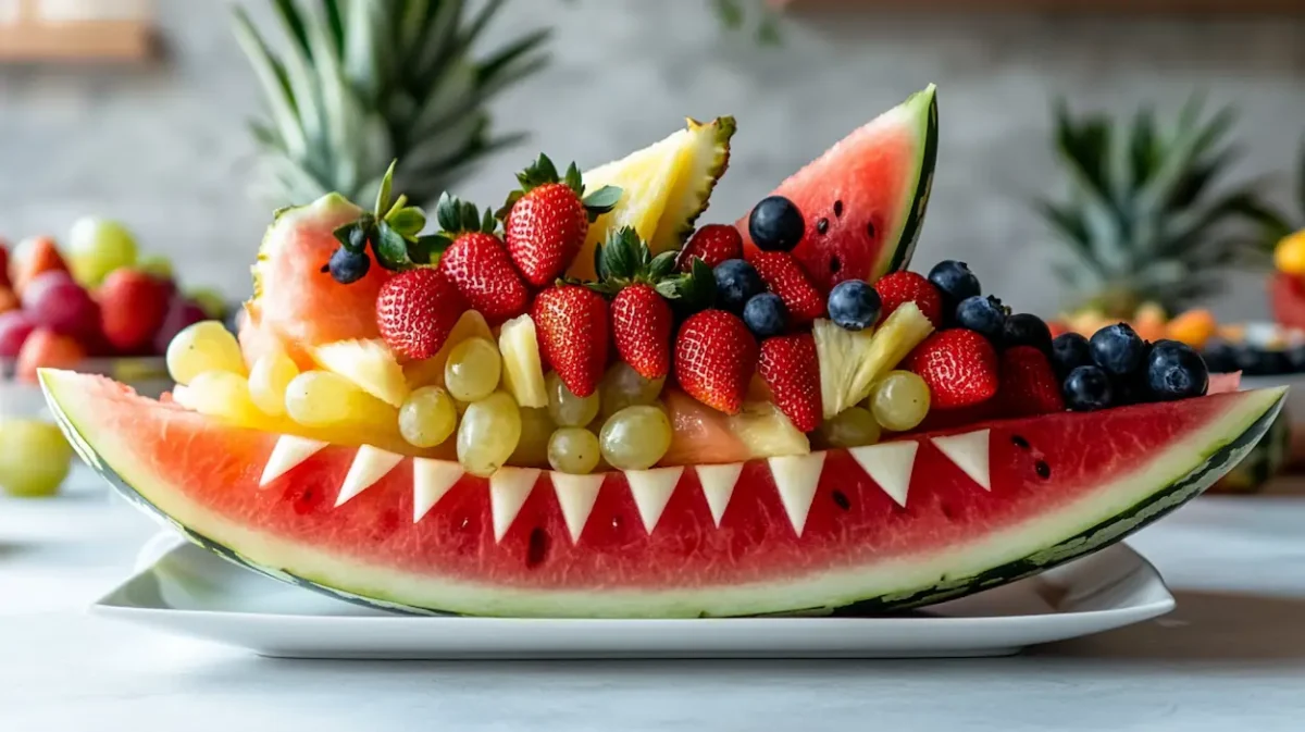 Watermelon Shark fruit platter filled with fresh strawberries, grapes, pineapple, and blueberries for a fun kids party