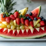 Watermelon Shark fruit platter filled with fresh strawberries, grapes, pineapple, and blueberries for a fun kids party