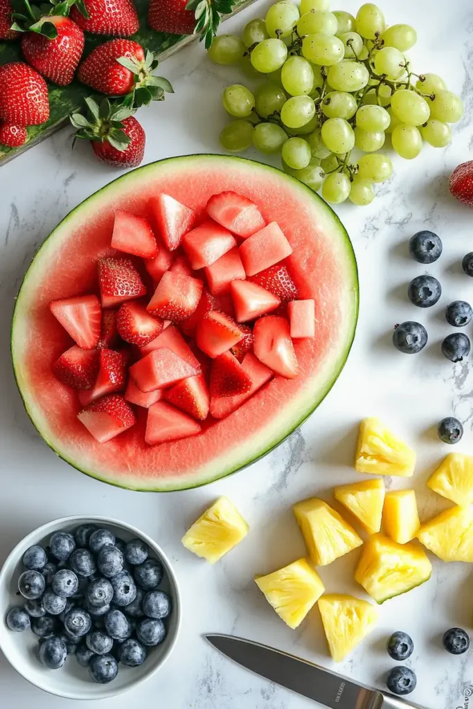 Ingredients for a Watermelon Shark recipe including watermelon, strawberries, grapes, blueberries, pineapple, and melon on a clean surface
