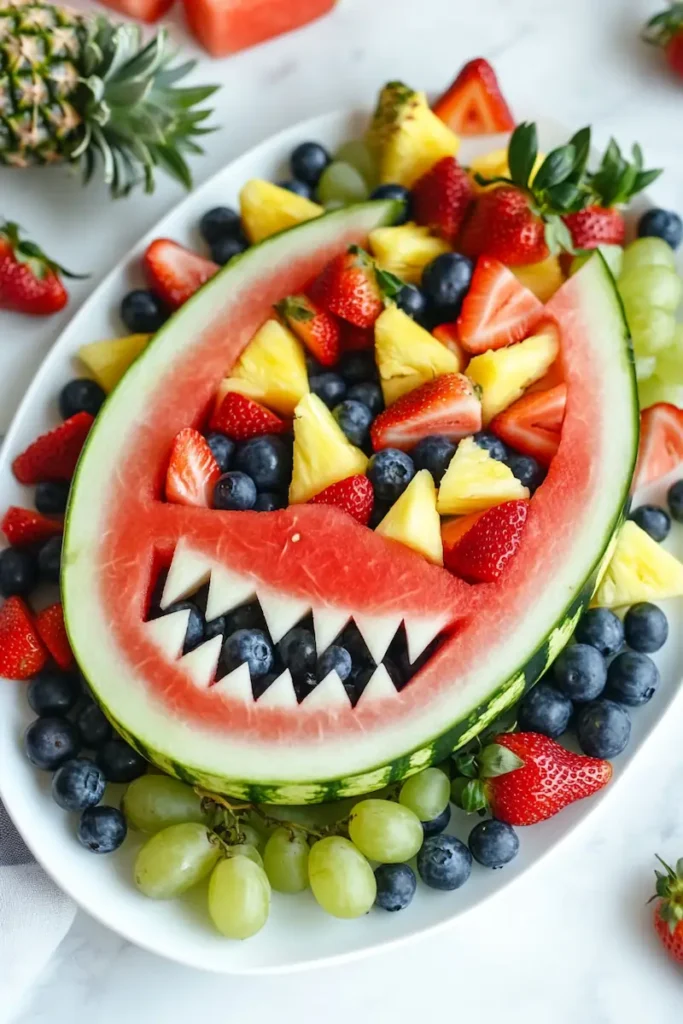 Watermelon Shark fruit platter for a kids shark-themed birthday party with colorful fresh fruit and fun summer presentation