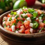 Bowl of authentic pico de gallo made with fresh tomatoes, white onion, cilantro, jalapeño, and lime juice