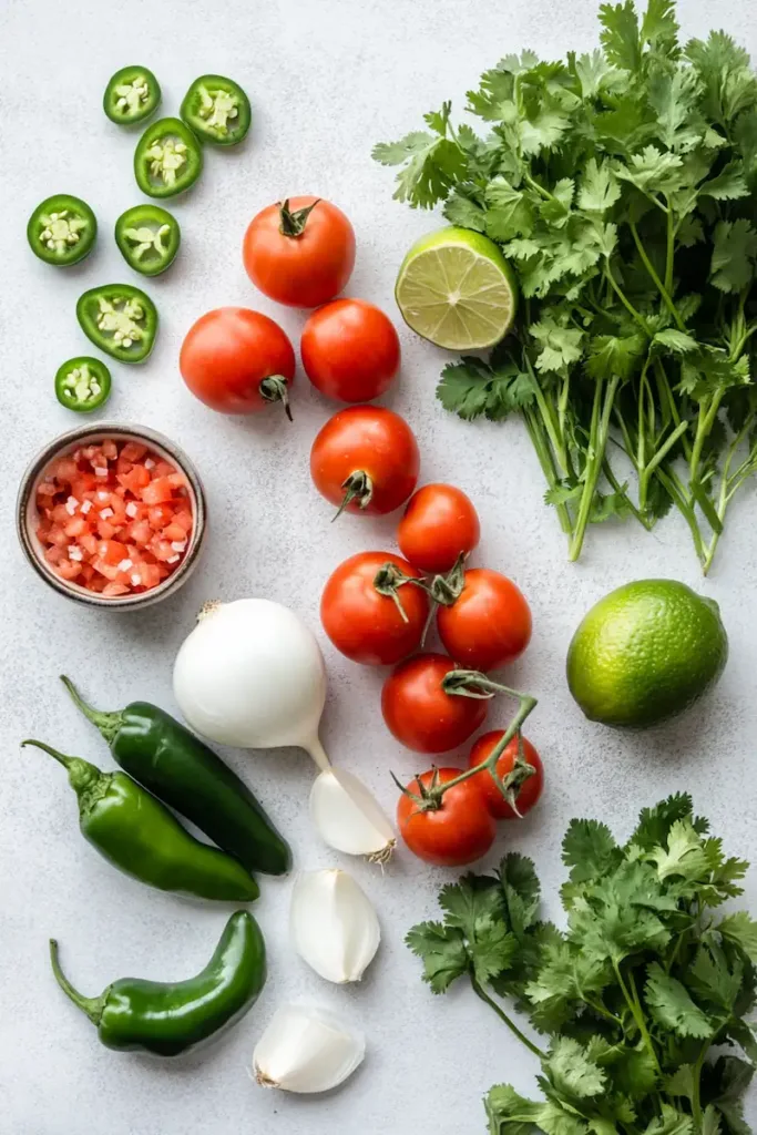 Fresh authentic pico de gallo ingredients including Roma tomatoes, white onion, jalapeño, cilantro, lime, and salt