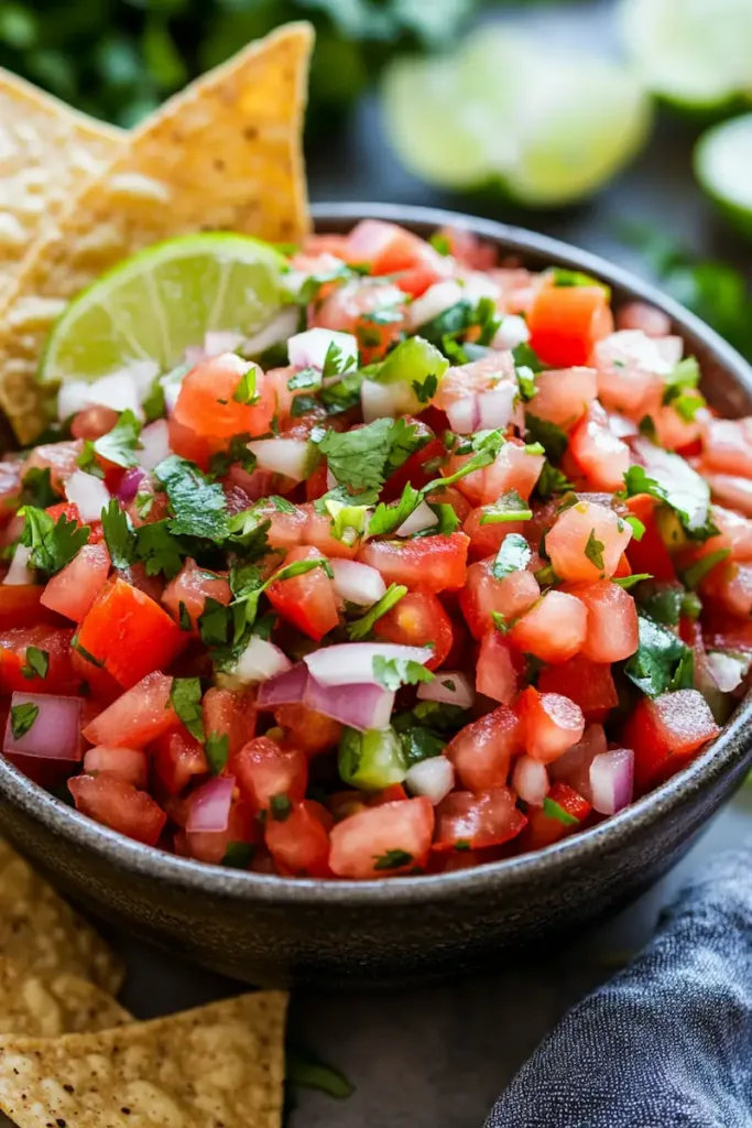 Authentic pico de gallo served in a bowl with tortilla chips and fresh Mexican-inspired toppings