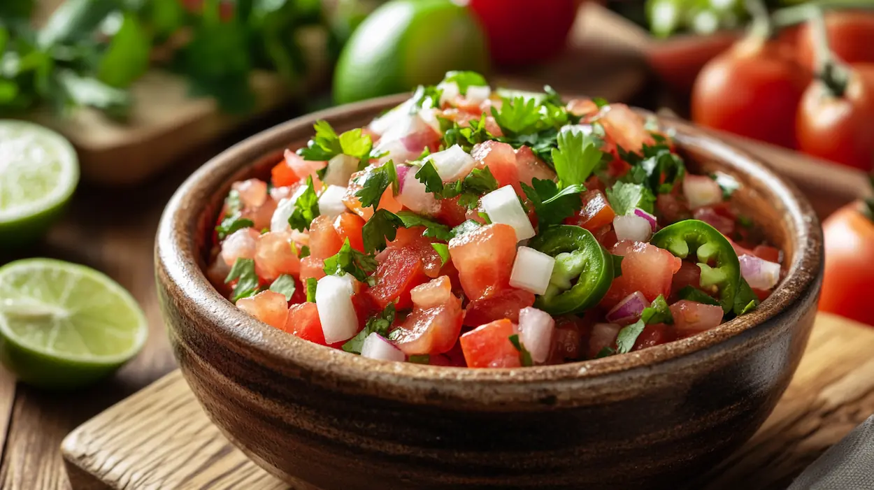 Bowl of authentic pico de gallo made with fresh tomatoes, white onion, cilantro, jalapeño, and lime juice