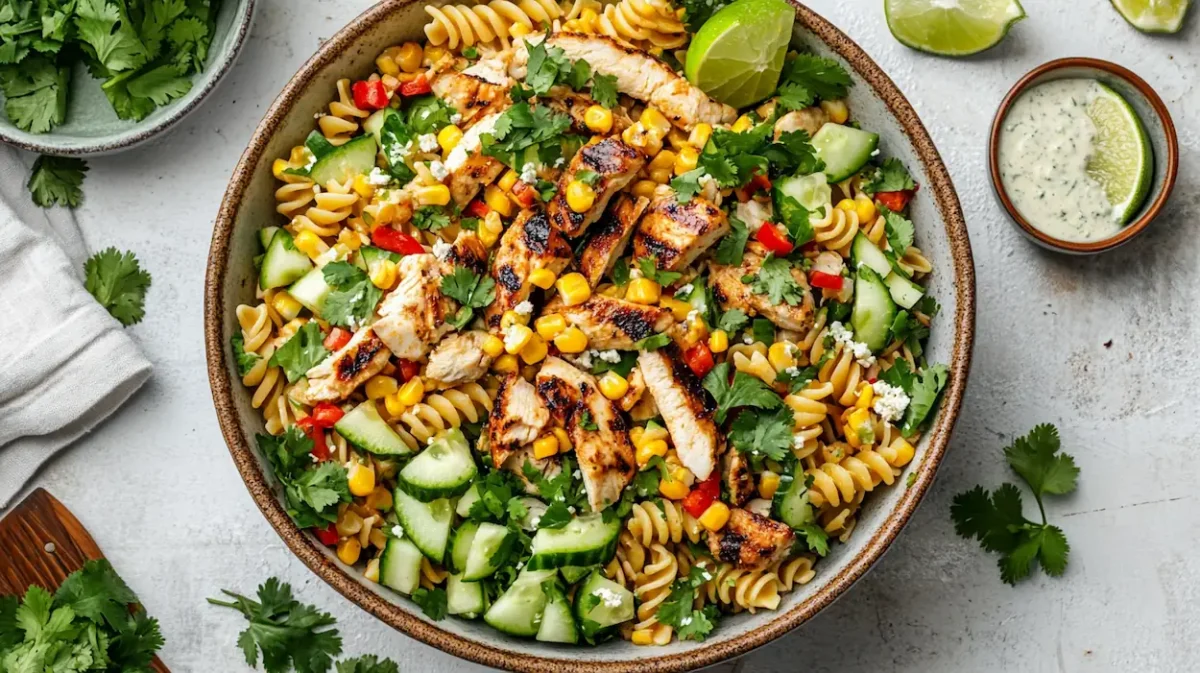 Healthy Street Corn Chicken Pasta Salad 1 Healthy Street Corn Chicken Pasta Salad served in a large bowl with grilled chicken, charred corn, pasta, lime, cotija, and cilantro
