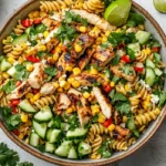 Healthy Street Corn Chicken Pasta Salad served in a large bowl with grilled chicken, charred corn, pasta, lime, cotija, and cilantro
