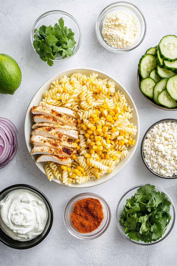 Healthy Street Corn Chicken Pasta Salad 3 Ingredients for Healthy Street Corn Chicken Pasta Salad including pasta, chicken, corn, cucumber, lime, Greek yogurt, cotija, red onion, and cilantro