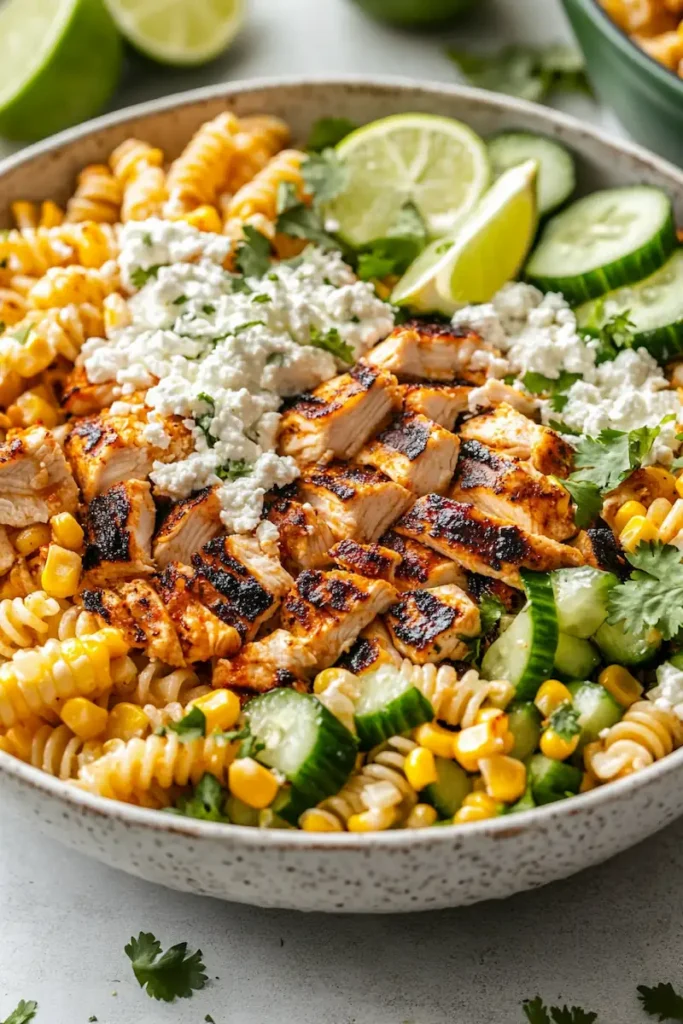 Healthy Street Corn Chicken Pasta Salad 2 Healthy Street Corn Chicken Pasta Salad styled for Pinterest with chicken, corn, pasta, avocado, lime, and creamy dressing