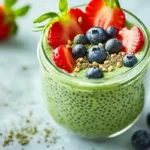 High protein matcha chia pudding in a glass jar topped with strawberries, blueberries, and chia seeds