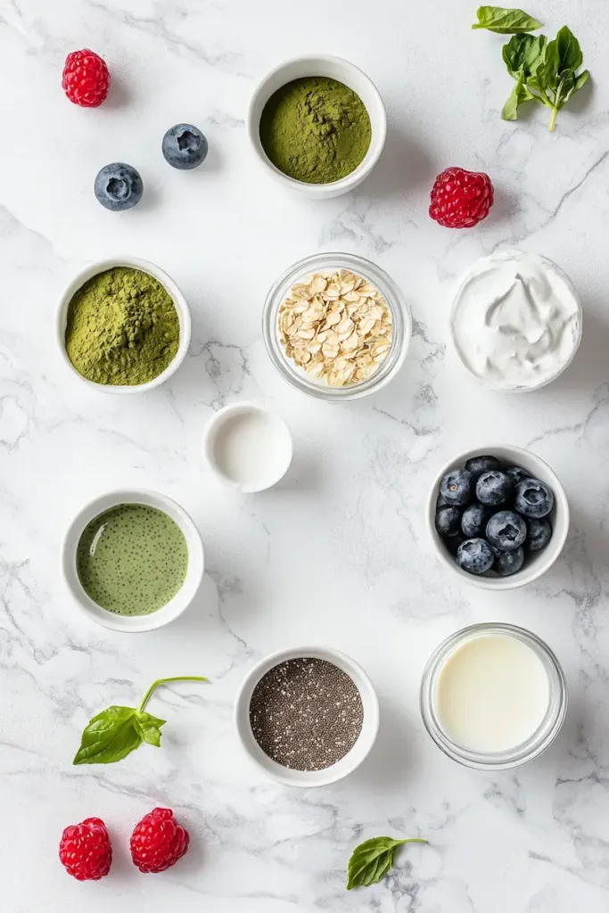 Ingredients for high protein matcha chia pudding including chia seeds, matcha powder, Greek yogurt, milk, maple syrup, and berries