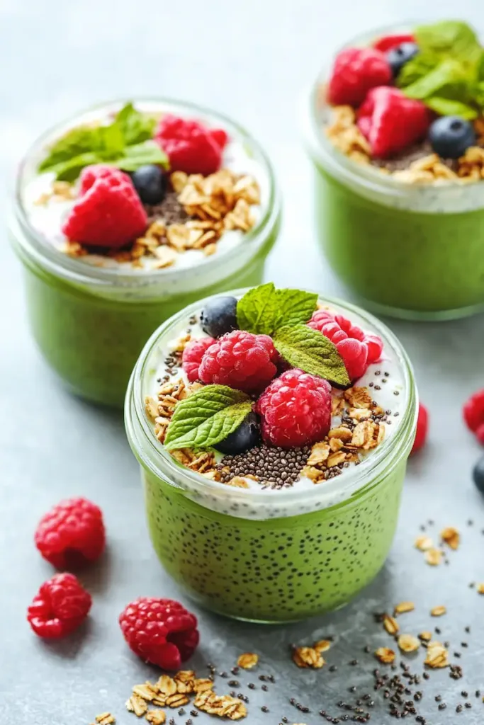 Vertical image of high protein matcha chia pudding jars with berries and granola for meal prep breakfast inspiration