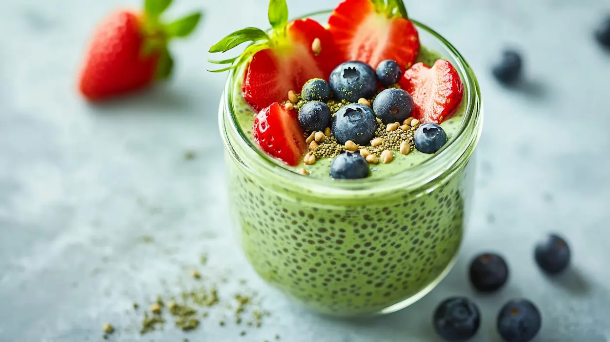 High protein matcha chia pudding in a glass jar topped with strawberries, blueberries, and chia seeds