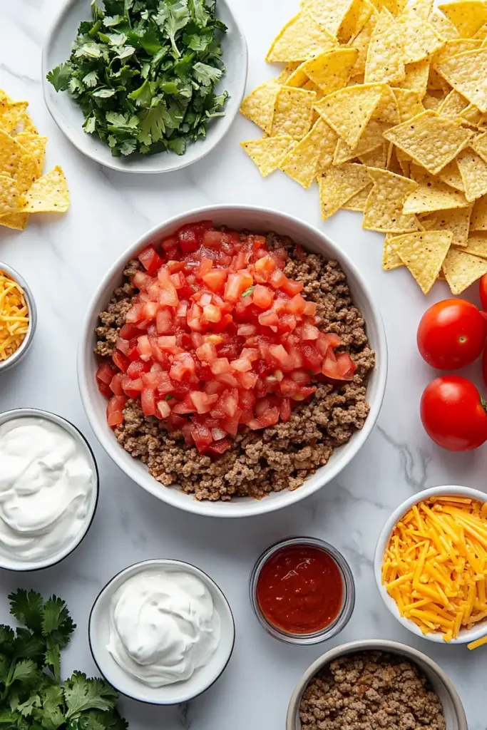 Ingredients for Rotel dip with ground beef, sour cream, cheese, tomatoes, and seasonings.