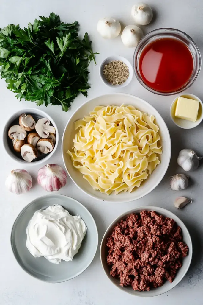 Ground beef, mushrooms, onion, garlic, sour cream, broth, and egg noodles arranged for beef stroganoff