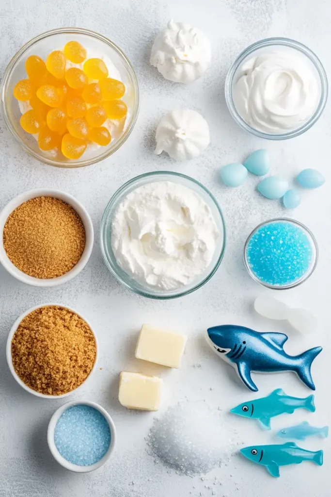 Ingredients for no-bake Shark Week cheesecake cups arranged in bowls on a white surface.