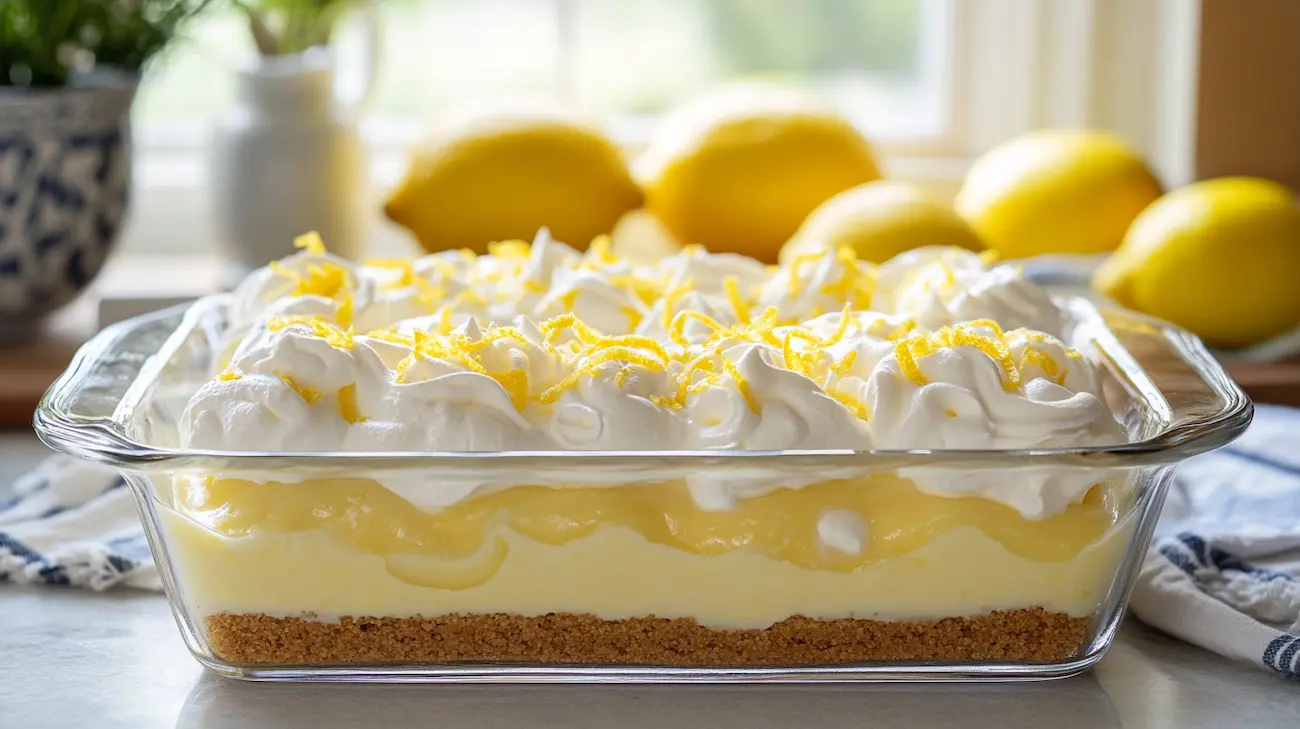 Creamy lemon icebox dessert in a glass dish topped with whipped cream, lemon zest, and a cookie crust.