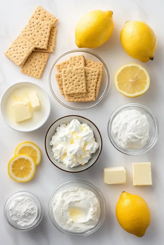 Lemon icebox dessert ingredients arranged flat lay with lemons, cream cheese, sweetened condensed milk, cookies, butter, and whipped topping.