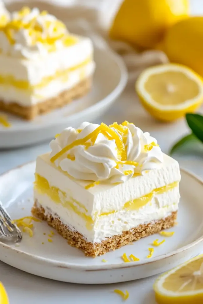 Slices of lemon icebox dessert served on white plates with whipped cream, lemon zest, and cookie crust.