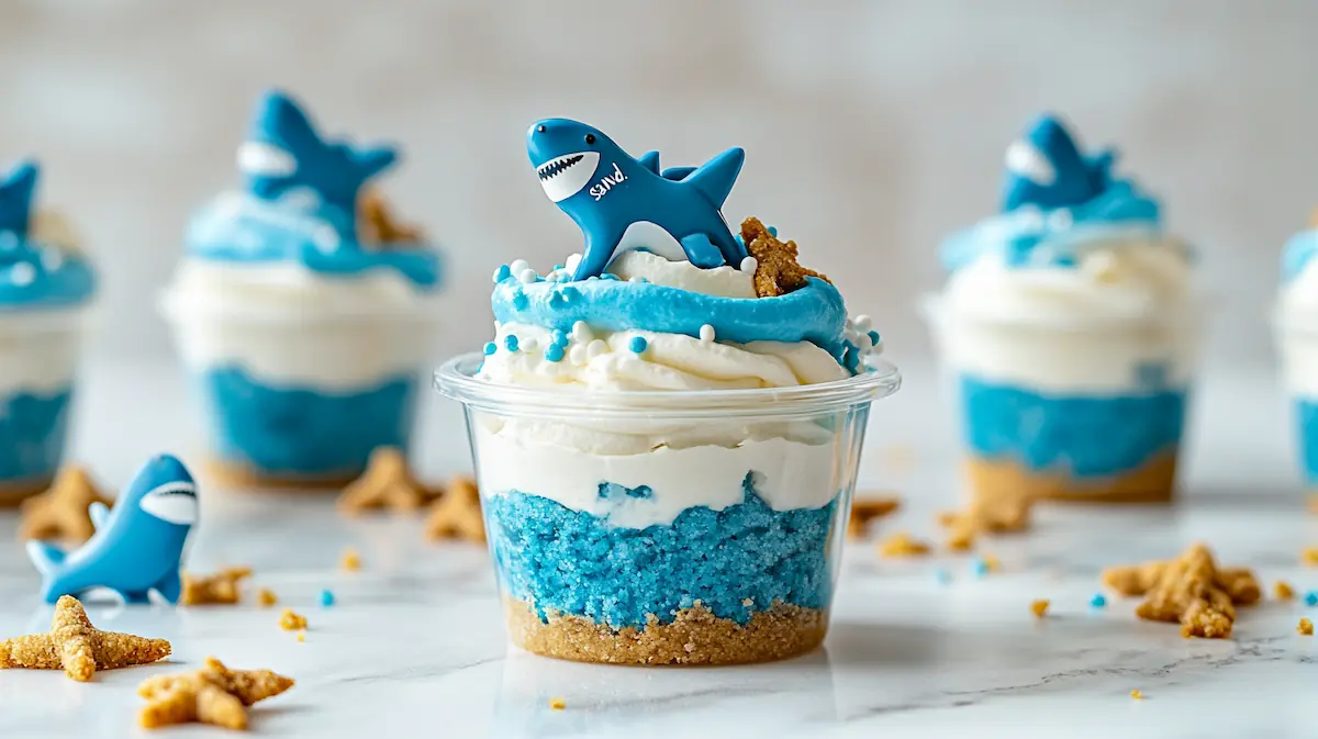 No-bake Shark Week cheesecake cups in clear dessert cups with blue topping, gummy sharks, and cookie crumb sand.