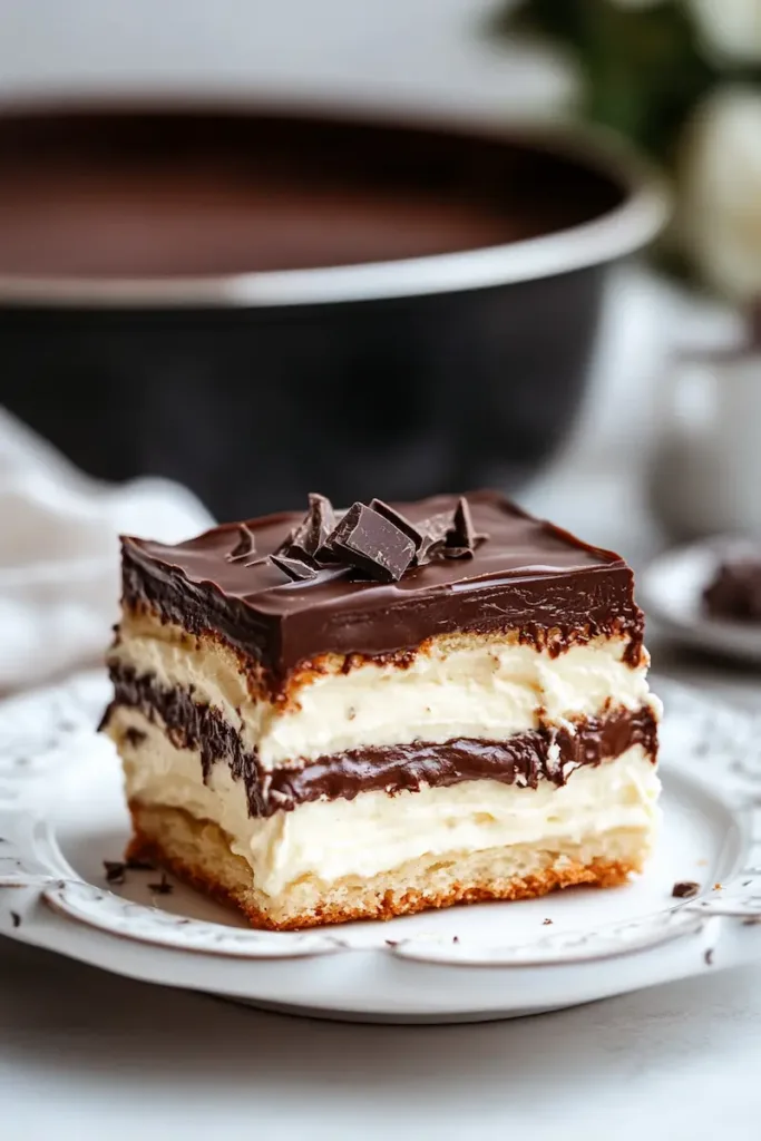 Vertical image of no-bake chocolate eclair dessert with creamy layers and chocolate topping, perfect for beginners