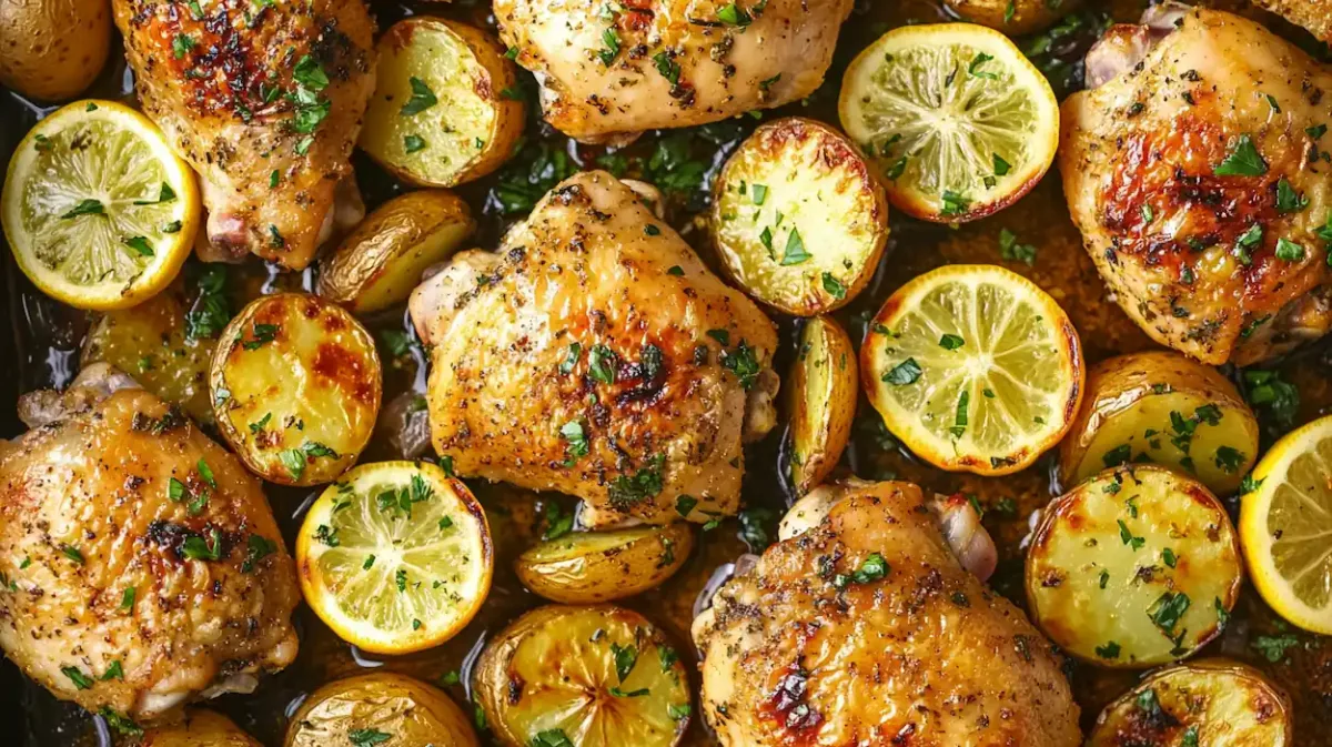 One-Pan Lemon Chicken and Potatoes Recipe 1 One-pan lemon chicken and potatoes baked until golden with garlic, herbs, and fresh lemon slices