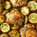 One-pan lemon chicken and potatoes baked until golden with garlic, herbs, and fresh lemon slices
