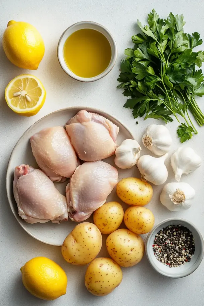 One-Pan Lemon Chicken and Potatoes Recipe 3 Ingredients for one-pan lemon chicken and potatoes including chicken thighs, baby potatoes, lemon, garlic, olive oil, and herbs