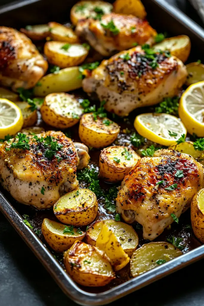 One-Pan Lemon Chicken and Potatoes Recipe 2 Golden one-pan lemon chicken and potatoes styled for a Pinterest recipe image