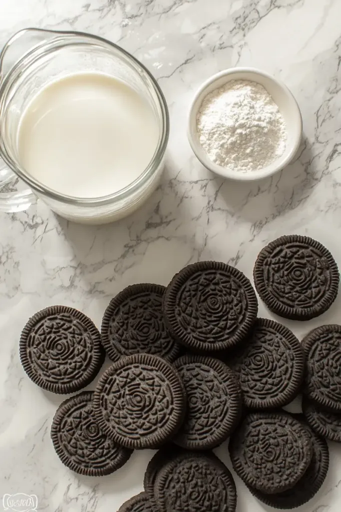 Oreo cookies milk and baking powder for 3-ingredient Oreo mug cake