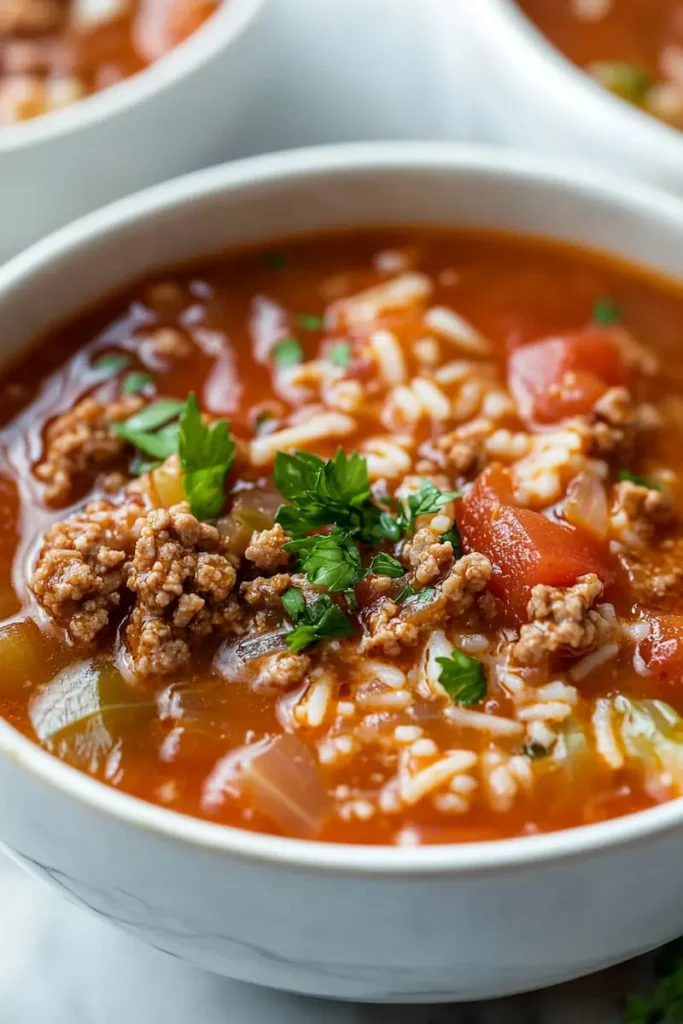 close-up of cabbage roll soup with ground beef showing tender cabbage, rice, and rich tomato broth