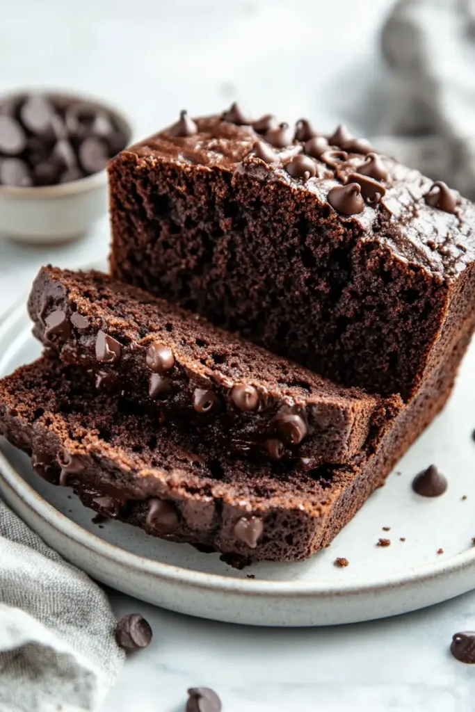Tall styled image of moist double chocolate zucchini bread slices with melted chocolate chips and shredded zucchini.