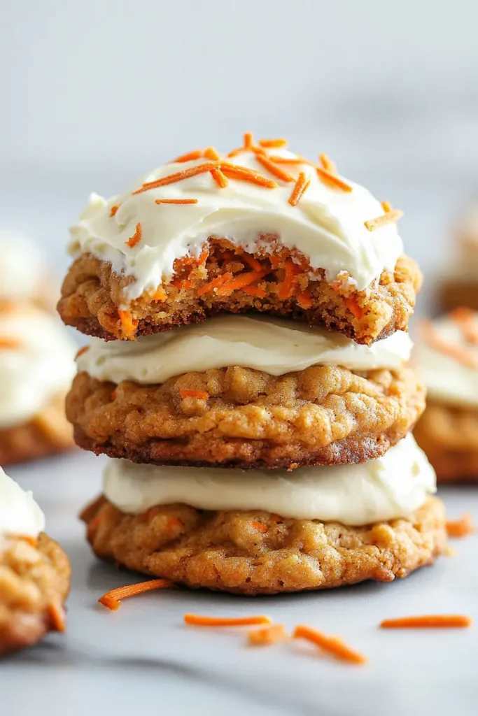 Close-up of soft carrot cake cookies topped with cream cheese frosting in a bright modern kitchen.
